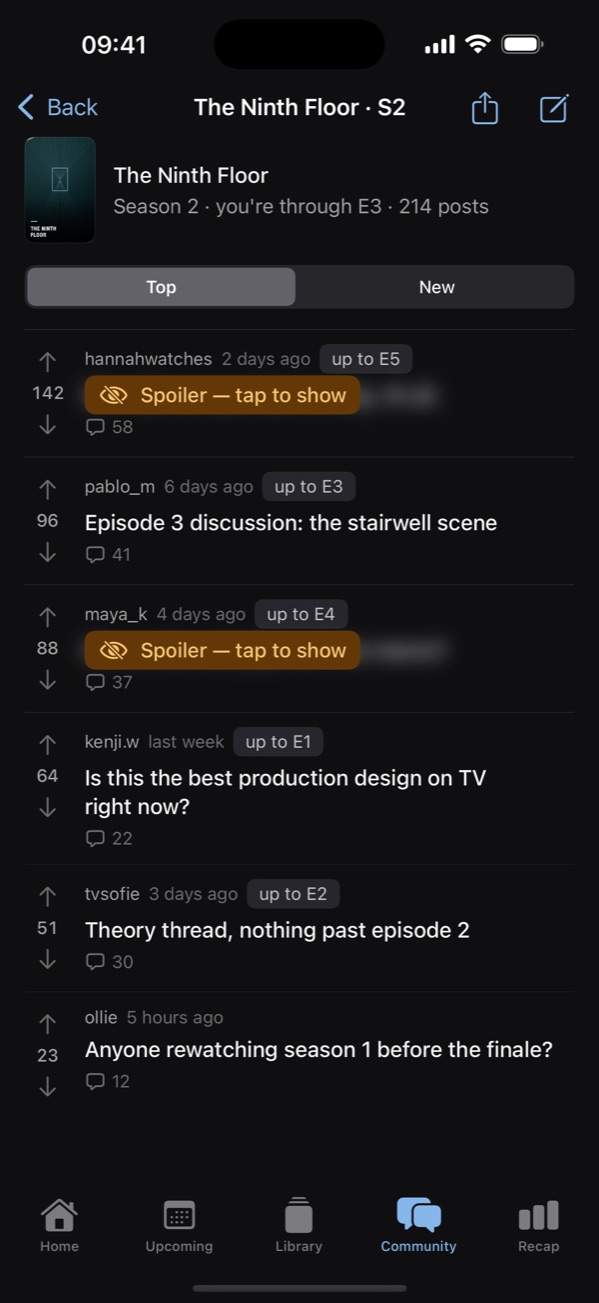 A season community for The Ninth Floor, season 2: a list of threads, two of them blurred as spoilers because they are about episodes past where the reader is
