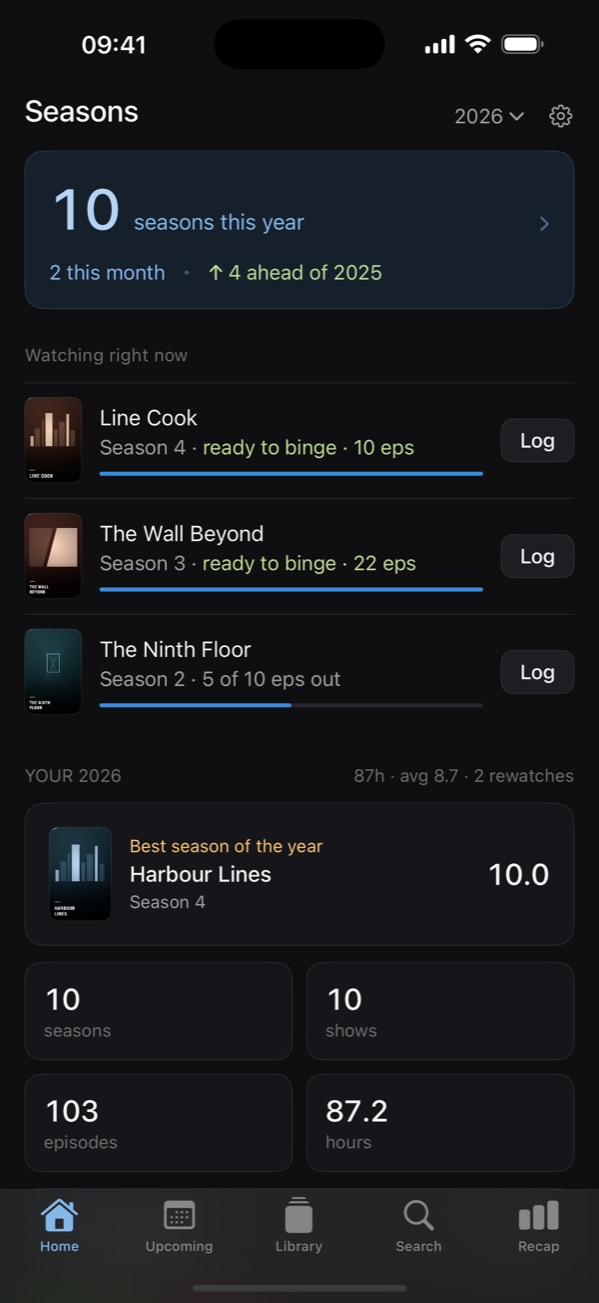 The home screen, showing seasons watched this year, shows in progress, and recently logged seasons with their ratings