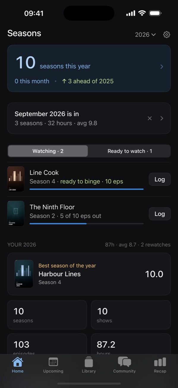 The home screen, showing seasons watched this year, what you are watching and what is ready to watch, and the best season of the year