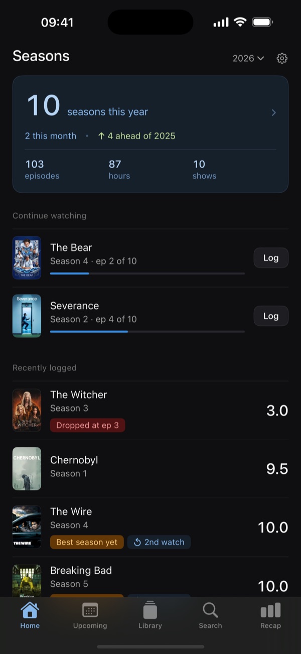 The home screen, showing seasons watched this year, shows in progress, and recently logged seasons with their ratings