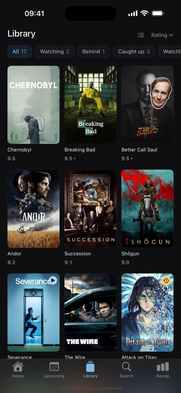 The library, a grid of show posters with ratings beneath each