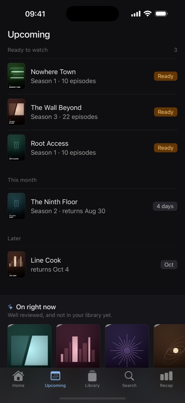 The Upcoming tab, listing seasons ready to watch and shows returning this month