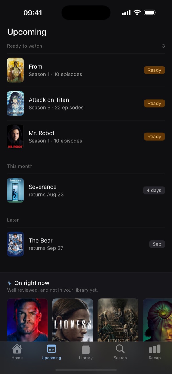 The Upcoming tab, listing seasons ready to watch and shows returning this month